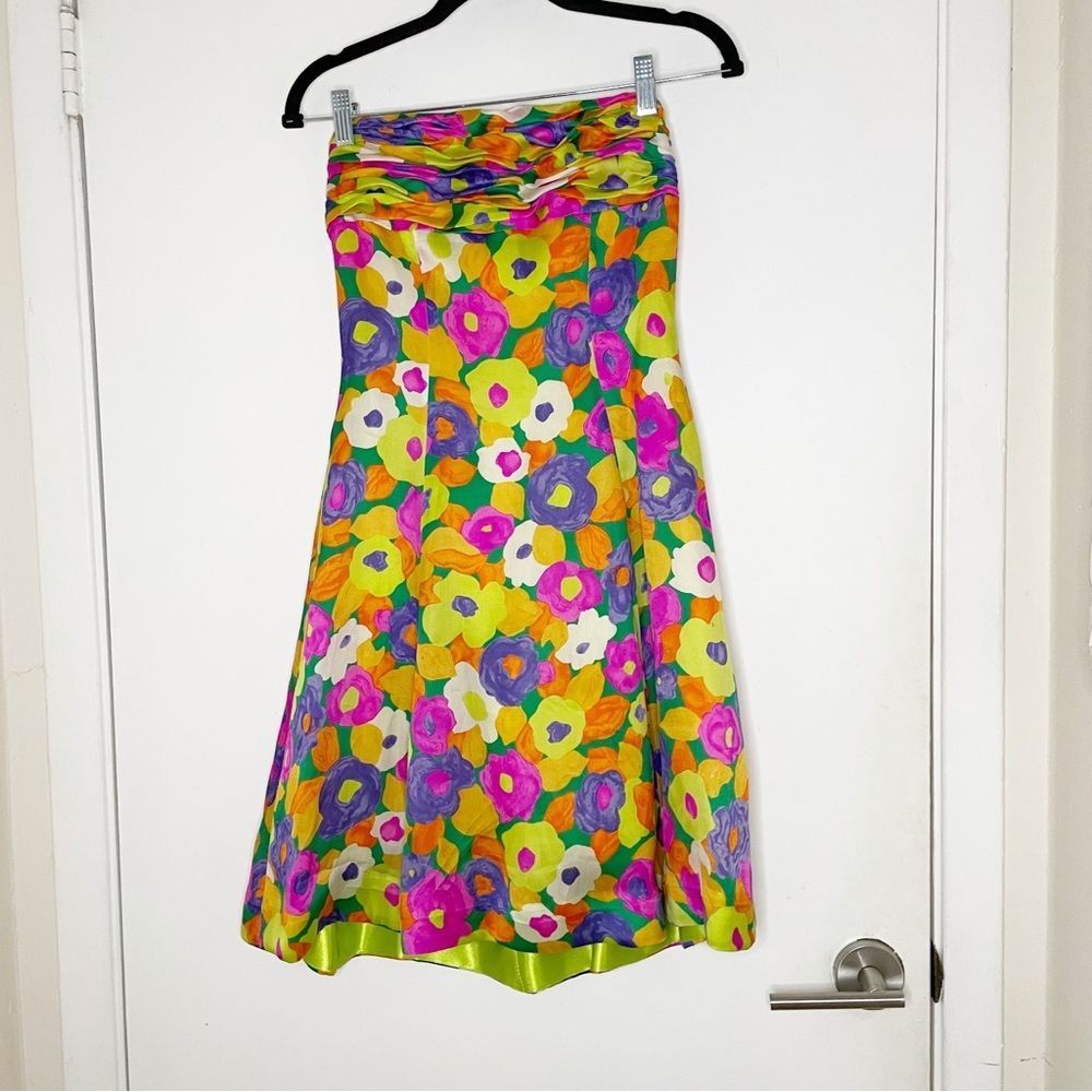 vintage scaasi strapless fit flare mini cocktail dress floral 100% silk 4 bright